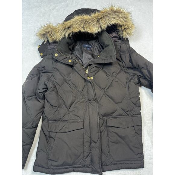 Lands End Puffer Parka Coat Women's M/P Brown Down Filled Fur Trim Hood Winter - Picture 1 of 12